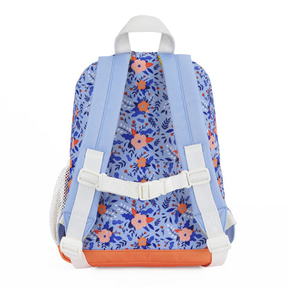 Mochila infantil azul com padrão de flores, alças brancas e base laranja Hello Hossy