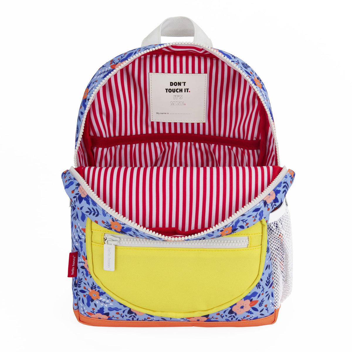 Mochila infantil azul com motivo de flores, bolso amarelo, riscas interiores Hello Hossy