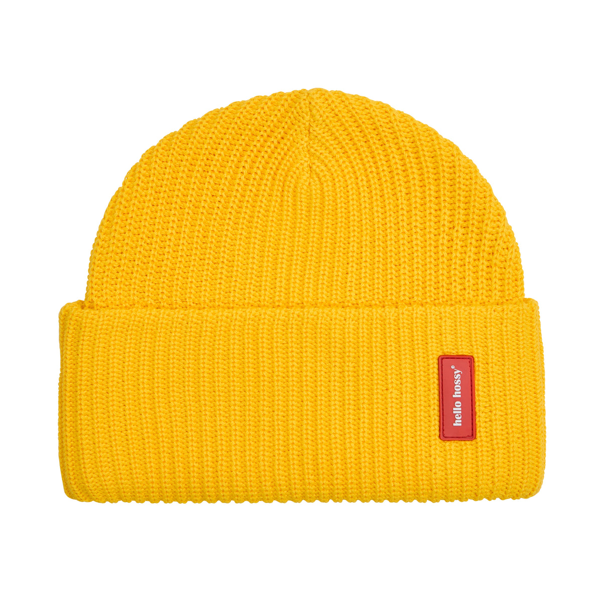 Gorro infantil amarelo em malha canelada, rebordo dobrado, etiqueta cosida Hello Hossy