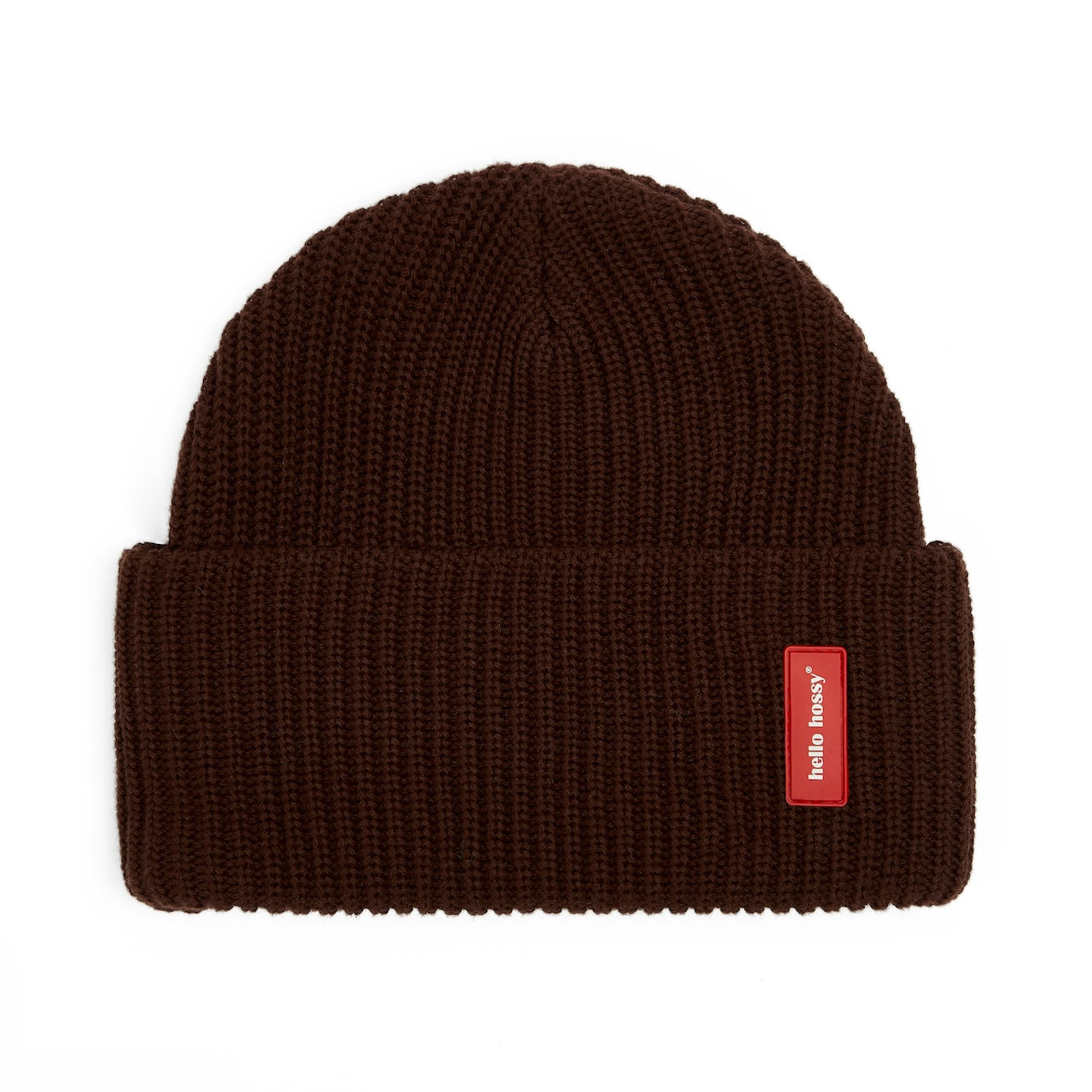 Gorro infantil castanho com dobra, etiqueta vermelha cosida Hello Hossy