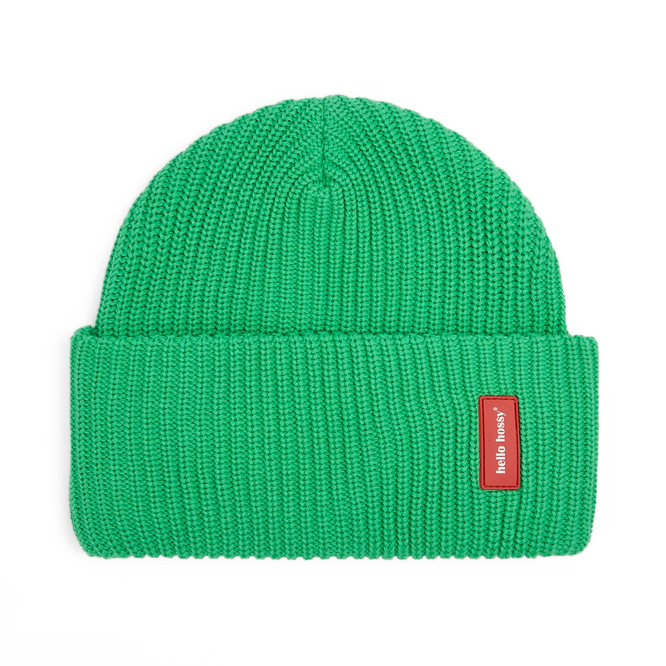 Gorro infantil verde em malha canelada com etiqueta vermelha cosida Hello Hossy