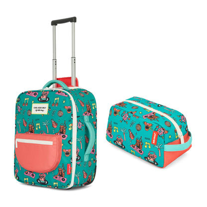 Mala de viagem infantil verde com padrão de música, pega rosa, bolsa de higiene Hello Hossy