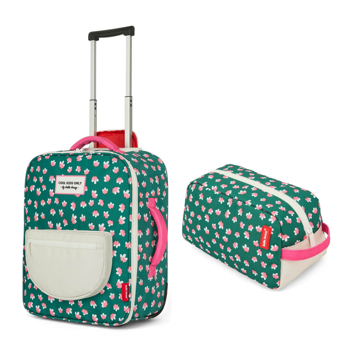 Mala de viagem infantil verde com padrão de flores e estojo a condizer Hello Hossy