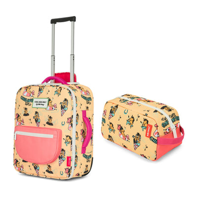 mala de viagem infantil amarela com padrão de unicórnios, pega rosa, estojo a condizer Hello Hossy