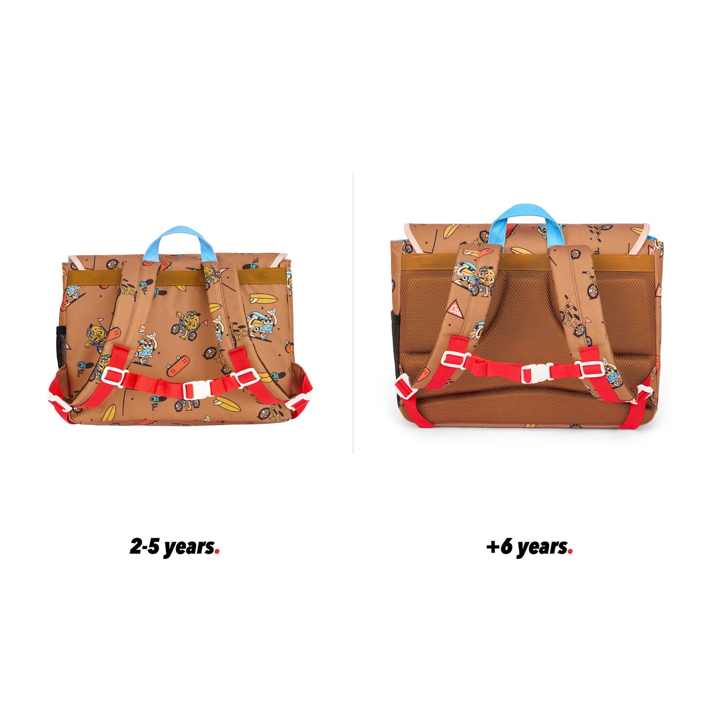 Mochila escolar infantil castanha com padrões de mascote e bicicleta, vista traseira, comparação de 2 tamanhos Hello Hossy