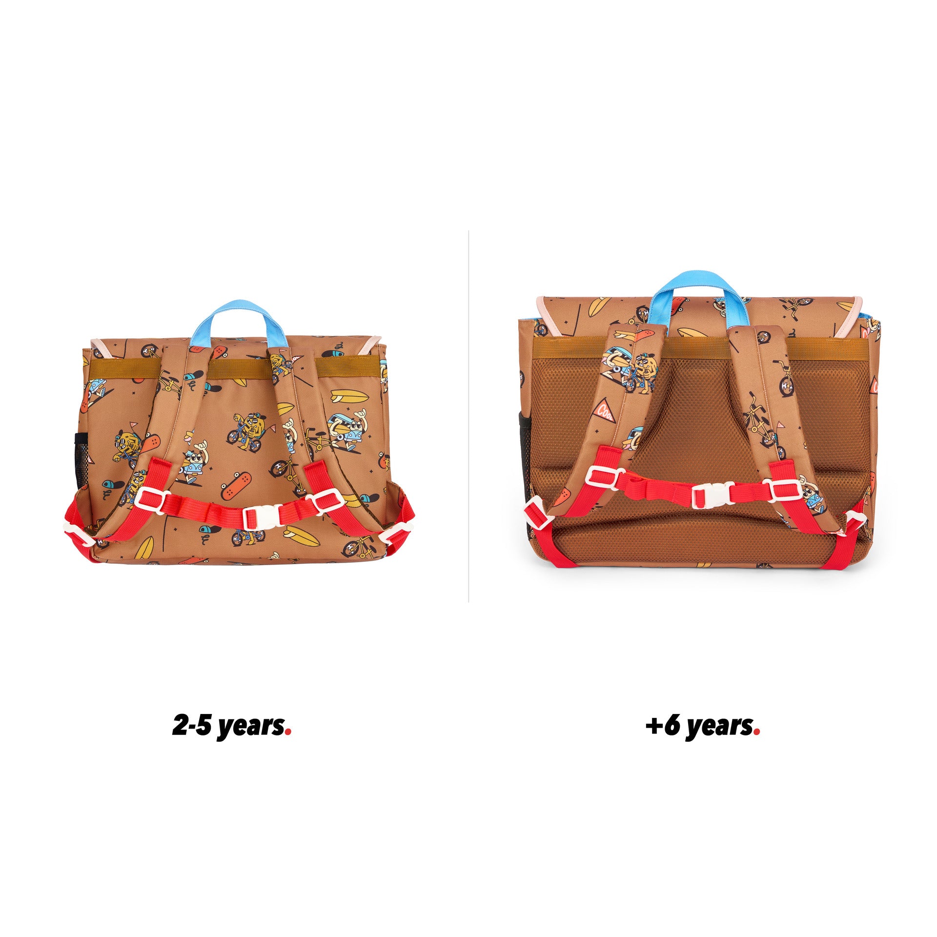 Mochila escolar infantil castanha com padrões de mascote e bicicleta, vista traseira, comparação de 2 tamanhos Hello Hossy