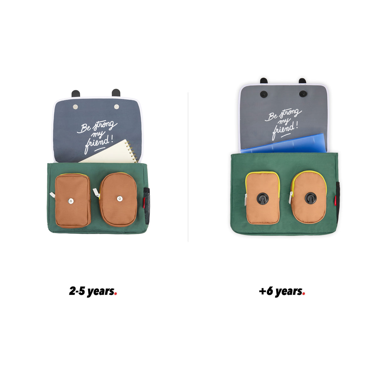 Mochila para criança verde, bolso frontal castanho, vista de frente, aberta, comparação de 2 tamanhos Hello Hossy