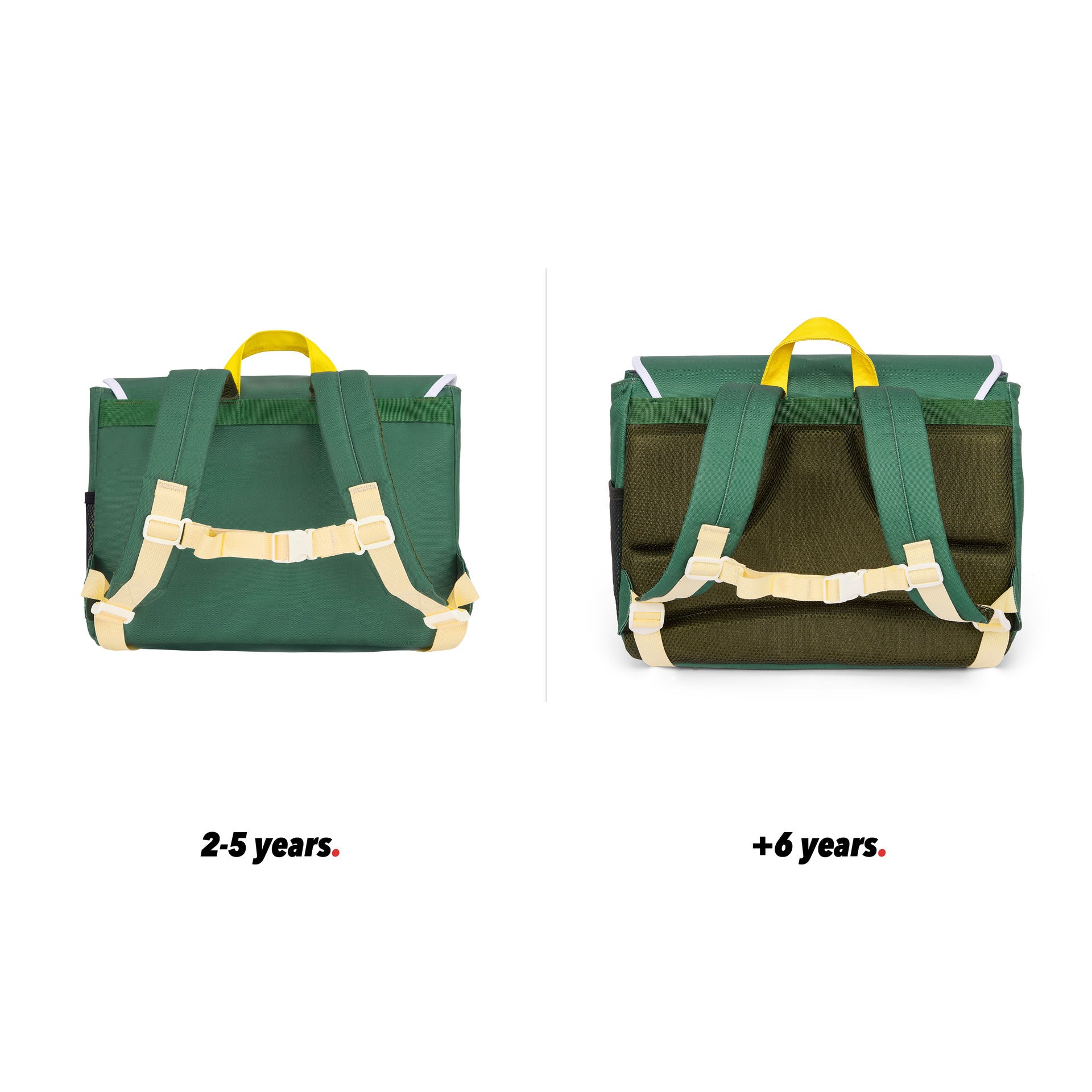 Mochila infantil verde com bolso frontal castanho, vista traseira, comparação de 2 tamanhos Hello Hossy