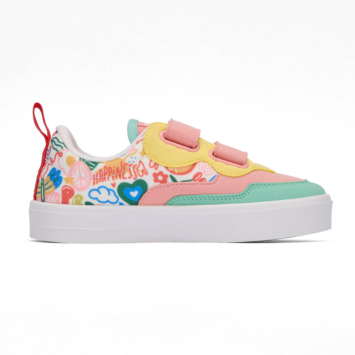 Sapatilhas infantis rosa e verde com estampado de arte floral, sola branca, fechos duplos de velcro Hello Hossy