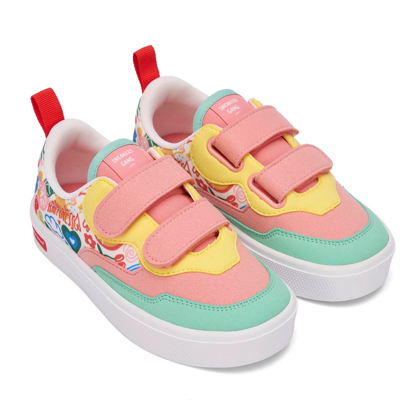 Sapatilhas infantis rosa, verde e amarelo com estampado de arte floral, fechos duplos de velcro Hello Hossy