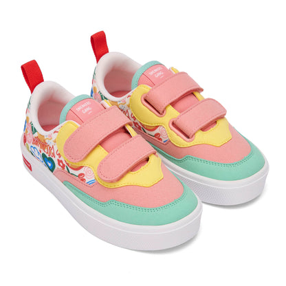 Sapatilhas infantis rosa, verde e amarelo com estampado de arte floral, fechos duplos de velcro Hello Hossy