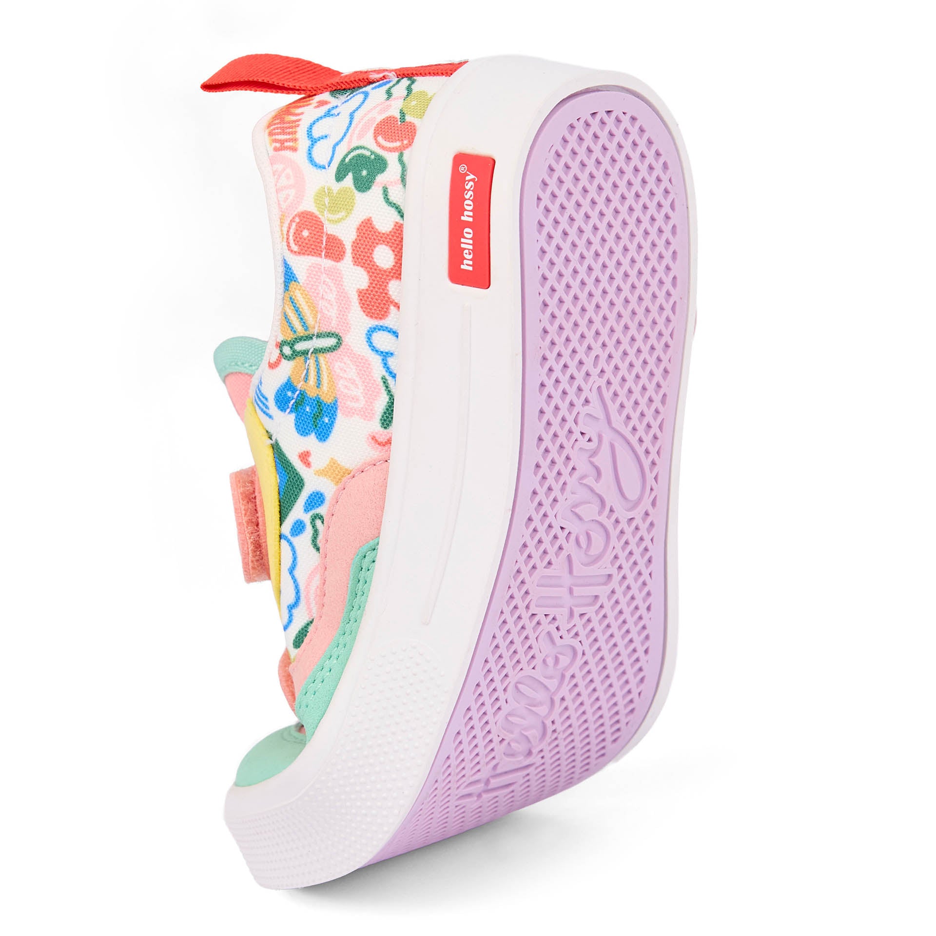 Sapatilhas de criança rosa verde com estampado de arte floral, sola violette flexível Hello Hossy