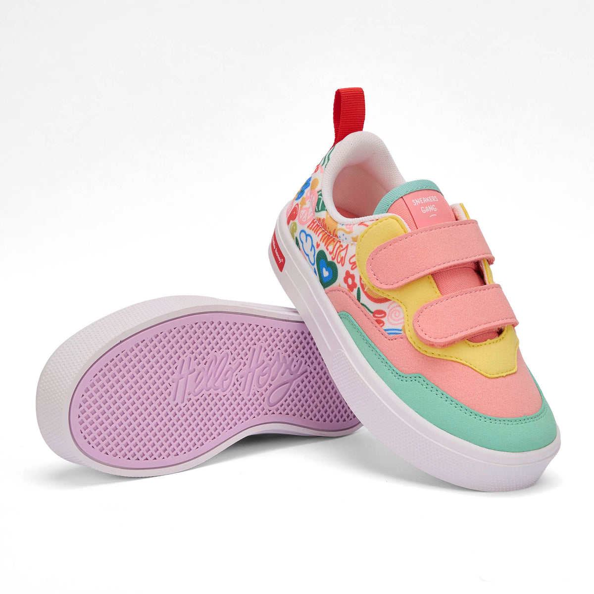 Sneakers para criança rosa e verde, estampado de arte multicolorido, fechos duplos de velcro Hello Hossy