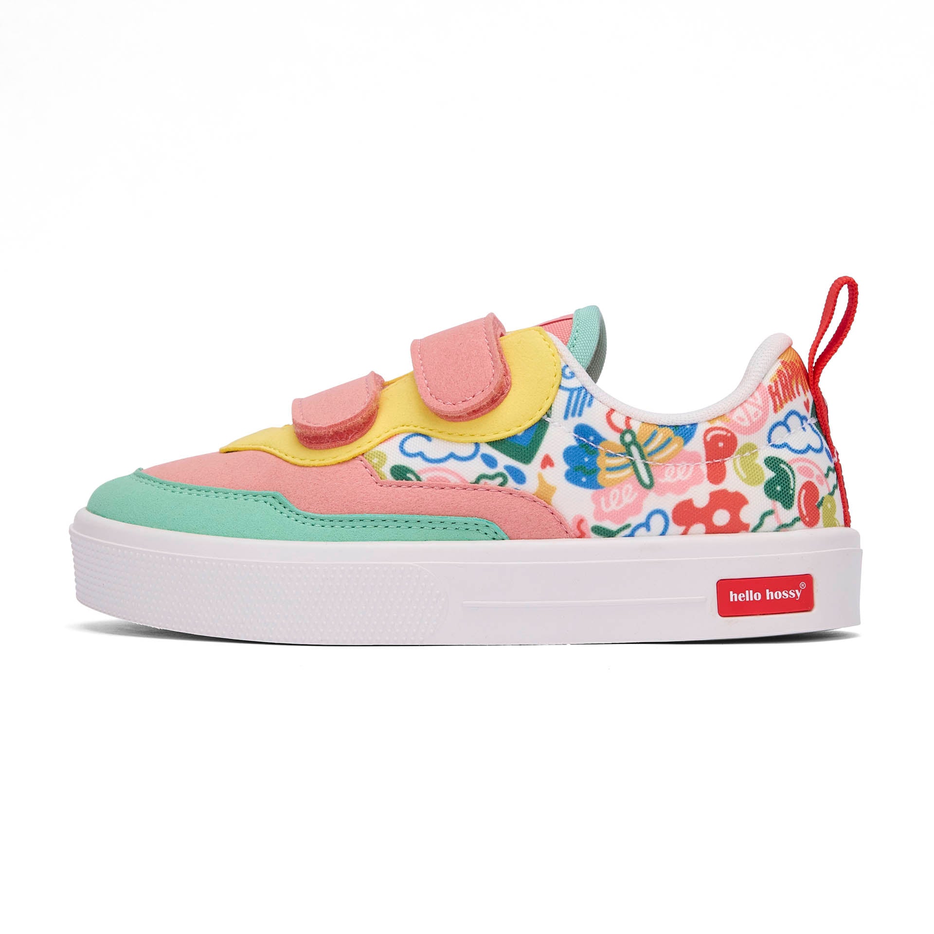 Sapatilhas para criança rosa, verde e amarelo, estampado de arte multicolor e fechos duplos de velcro Hello Hossy