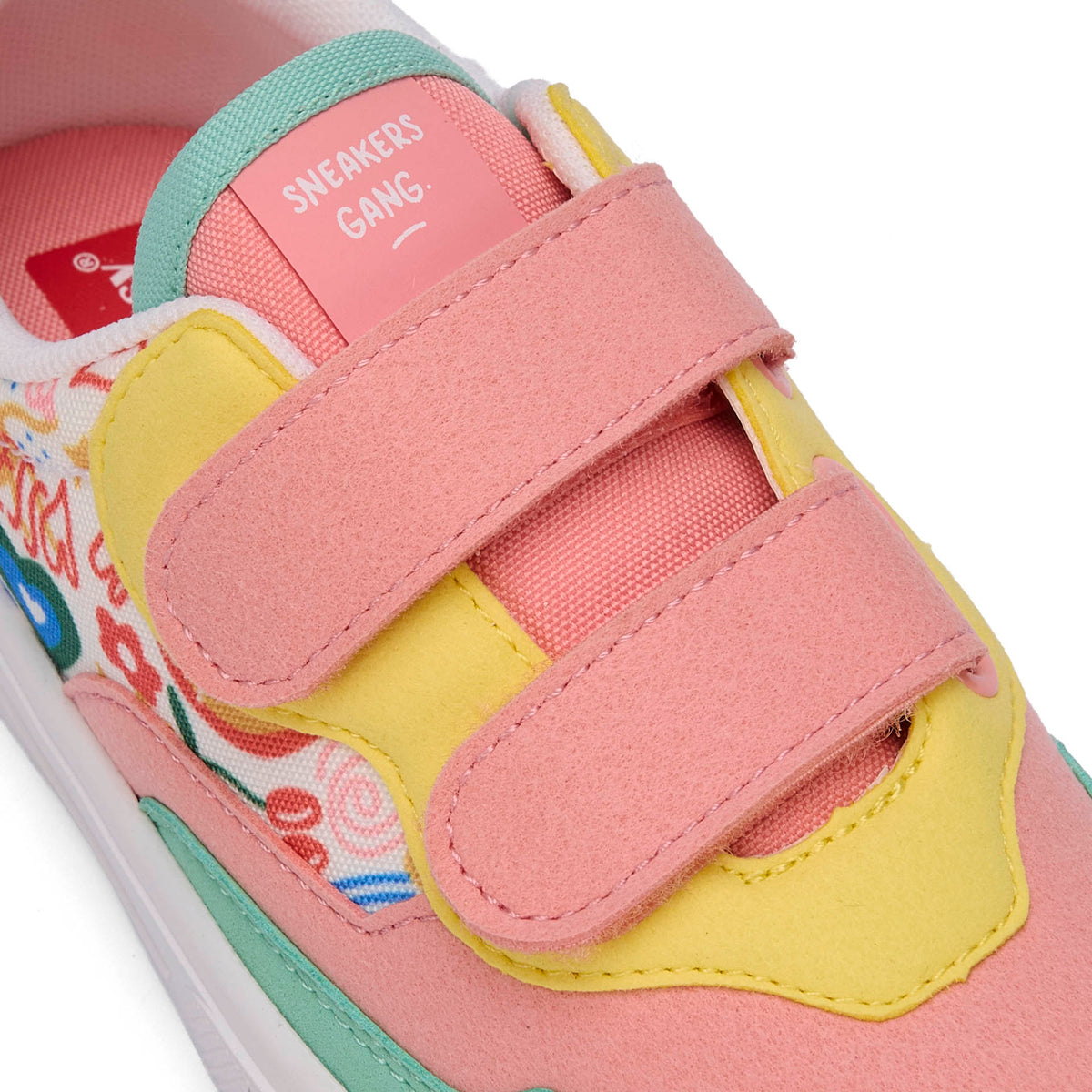 Sapatilhas infantis rosa, verdes e amarelas com estampado arte, sola branca e fechos duplos de velcro Hello Hossy