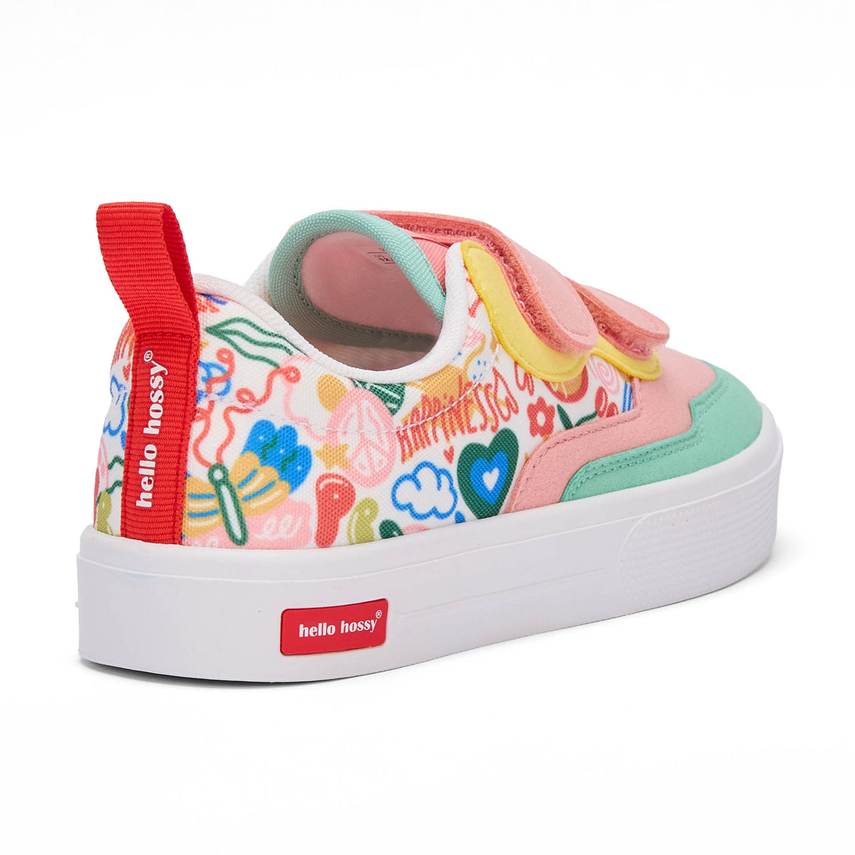 Sapatilhas infantis rosa e verdes com estampado de arte multicolorido, fechos de velcro Hello Hossy