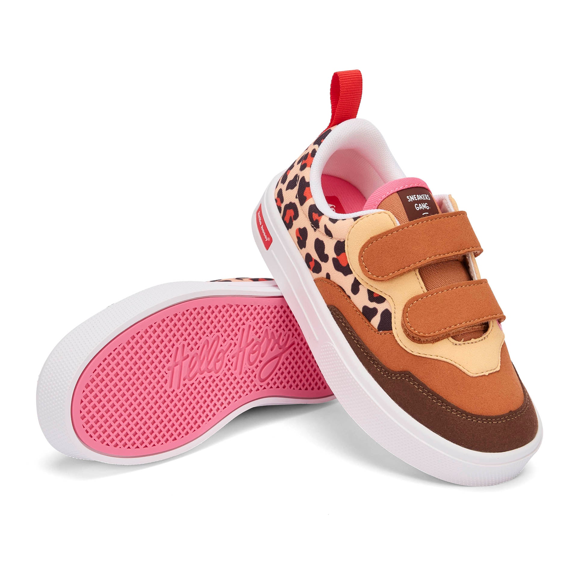 Sapatilhas para criança creme e castanho com estampado leopard, velcro duplo Hello Hossy