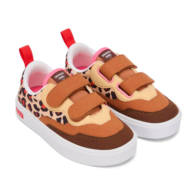 Sapatilhas infantis creme e castanhas com estampado leopard e tiras duplas de velcro, Hello Hossy