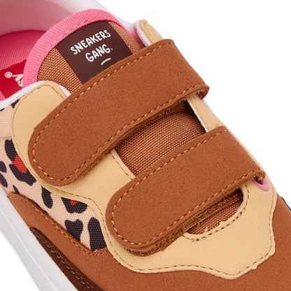 Sapatilhas para criança creme e castanho com estampado leopard, velcro duplo Hello Hossy