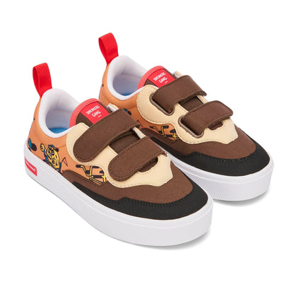 Sapatilhas infantis castanhas e pretas, padrão mascotes bicicleta, fechos de velcro Hello Hossy