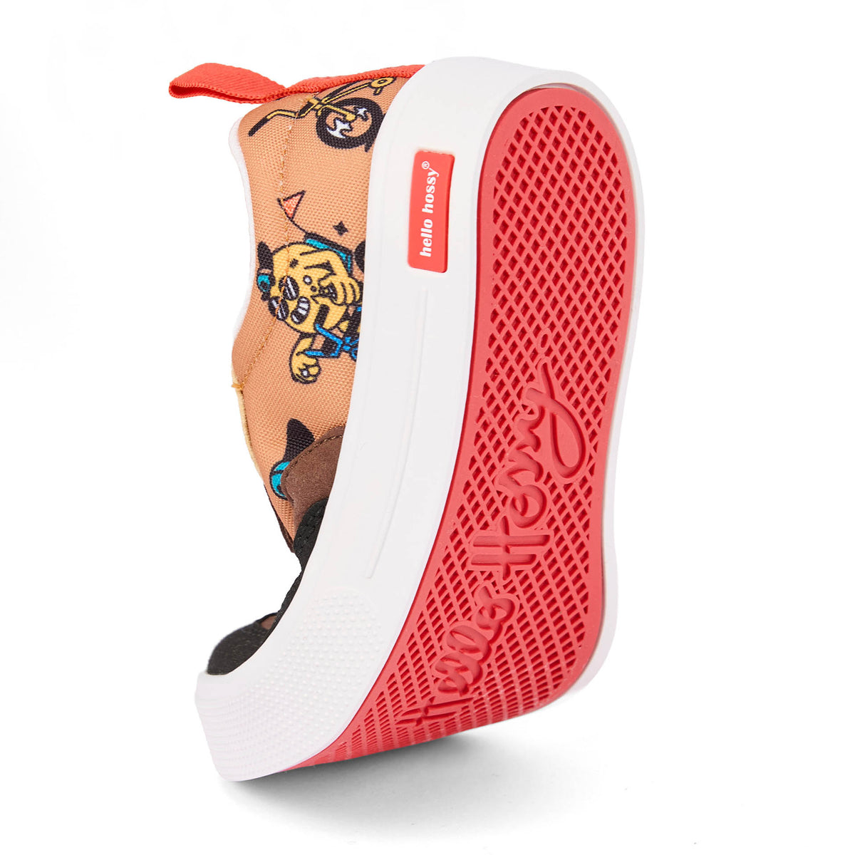 Sneakers infantis castanhas e pretas com estampado de mascotes e bicicleta, sola vermelha flexível Hello Hossy