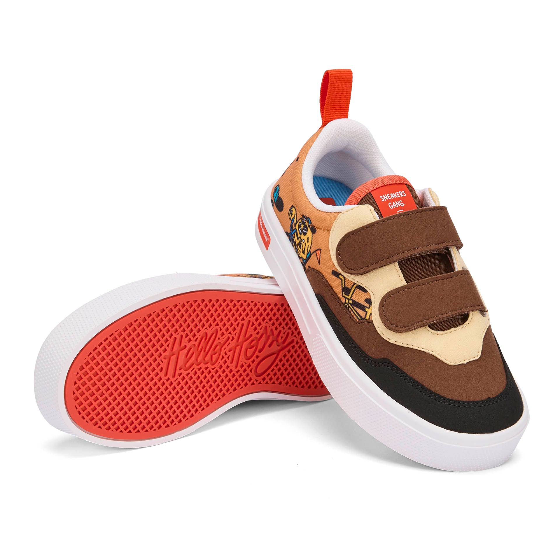 Sapatilhas infantis castanhas e pretas com estampado de mascotes e bicicleta, sola vermelha Hello Hossy
