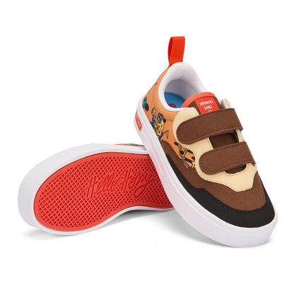 Sapatilhas infantis castanhas e pretas com estampado de mascotes e bicicleta, sola vermelha Hello Hossy
