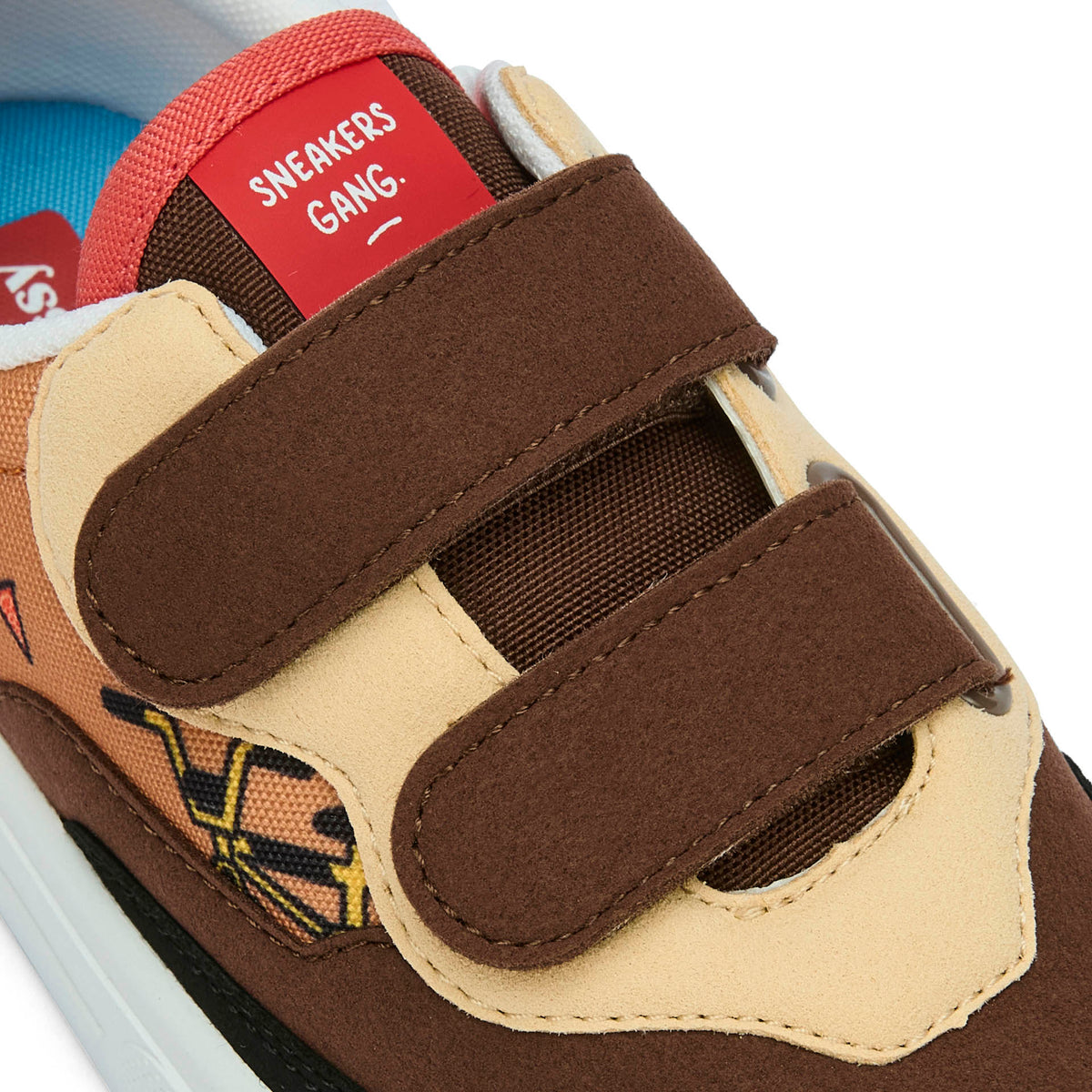 Sneakers infantis castanho e bege com motivo de mascote de bicicleta e fechos duplos de velcro Hello Hossy