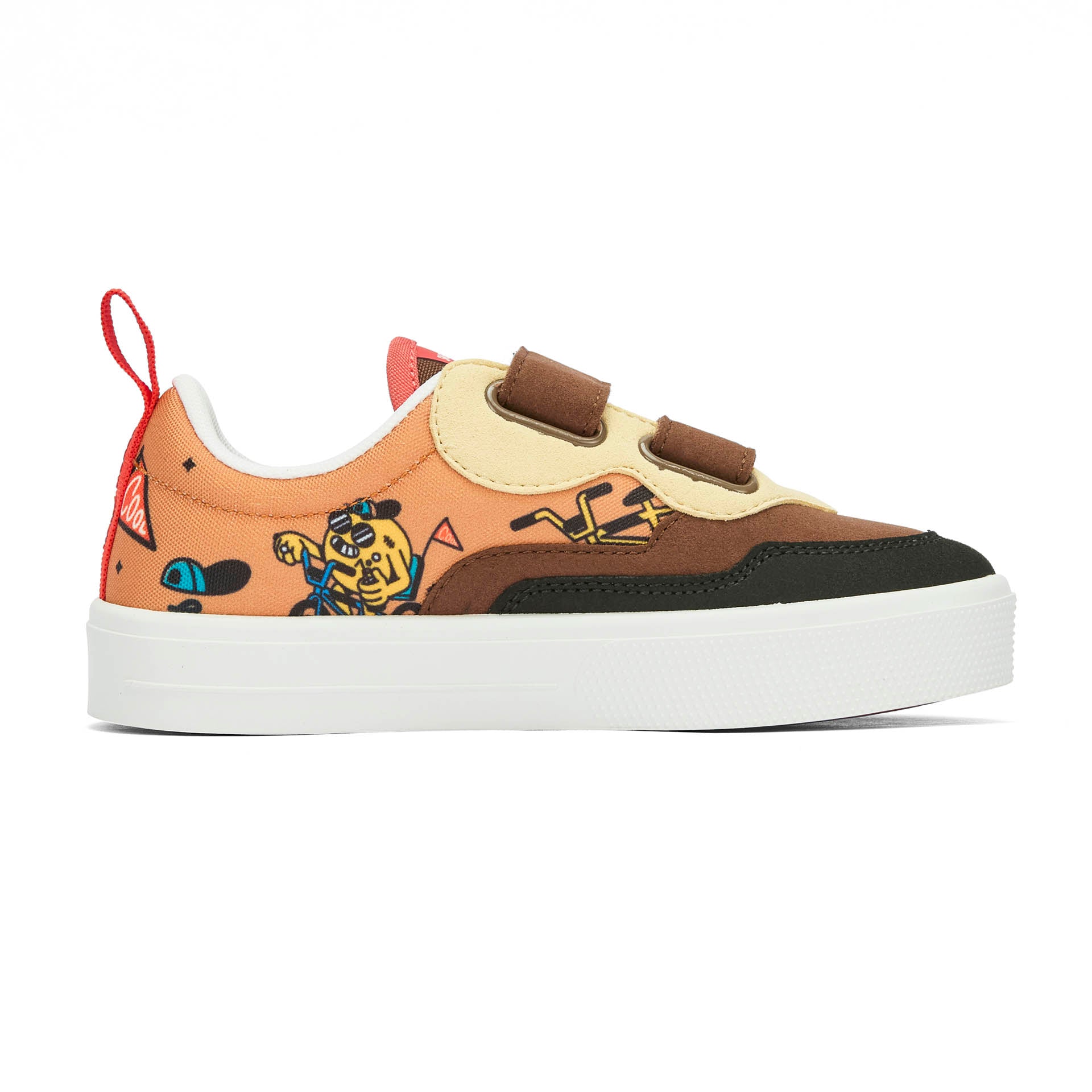 Sneakers infantis castanhas e pretas com padrão de mascote bicicleta e tiras de velcro, Hello Hossy