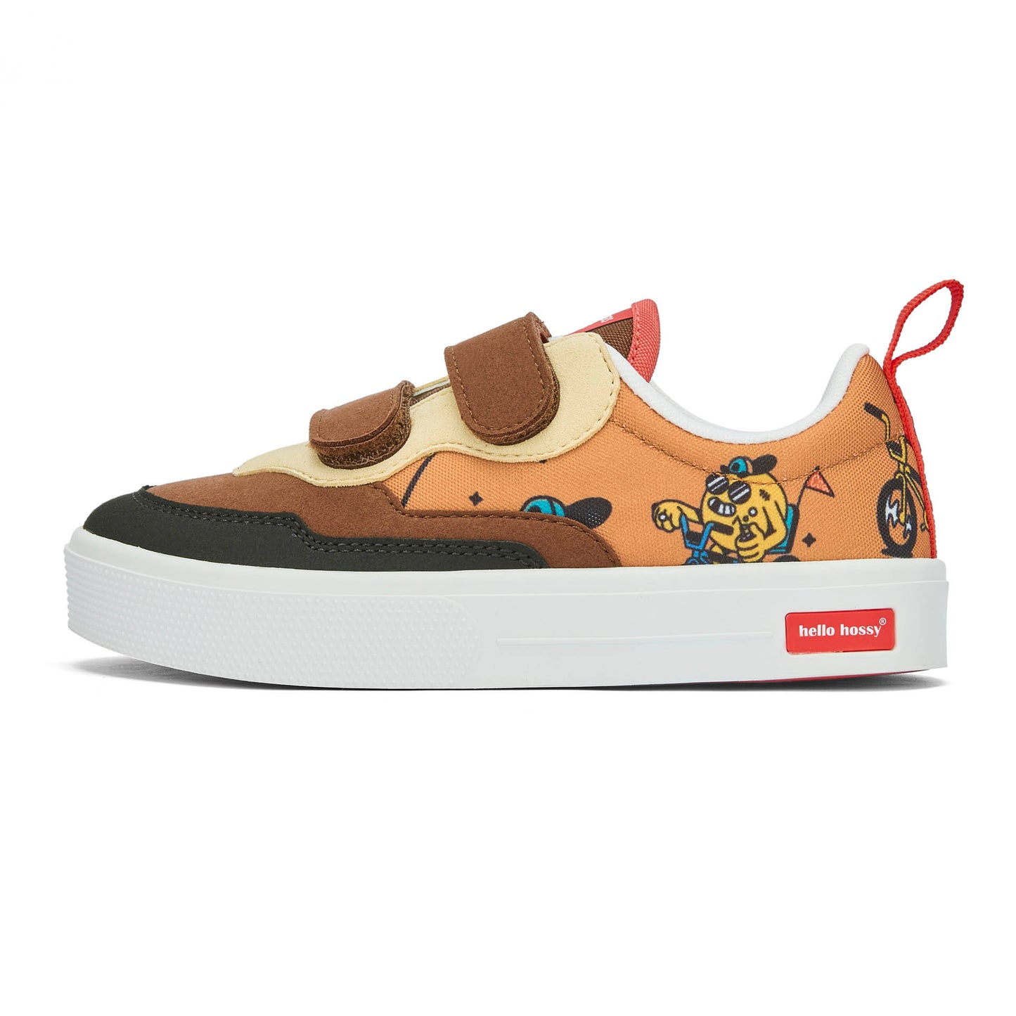 Sneakers infantis castanho e bege com motivo de mascote de bicicleta e fechos duplos de velcro Hello Hossy