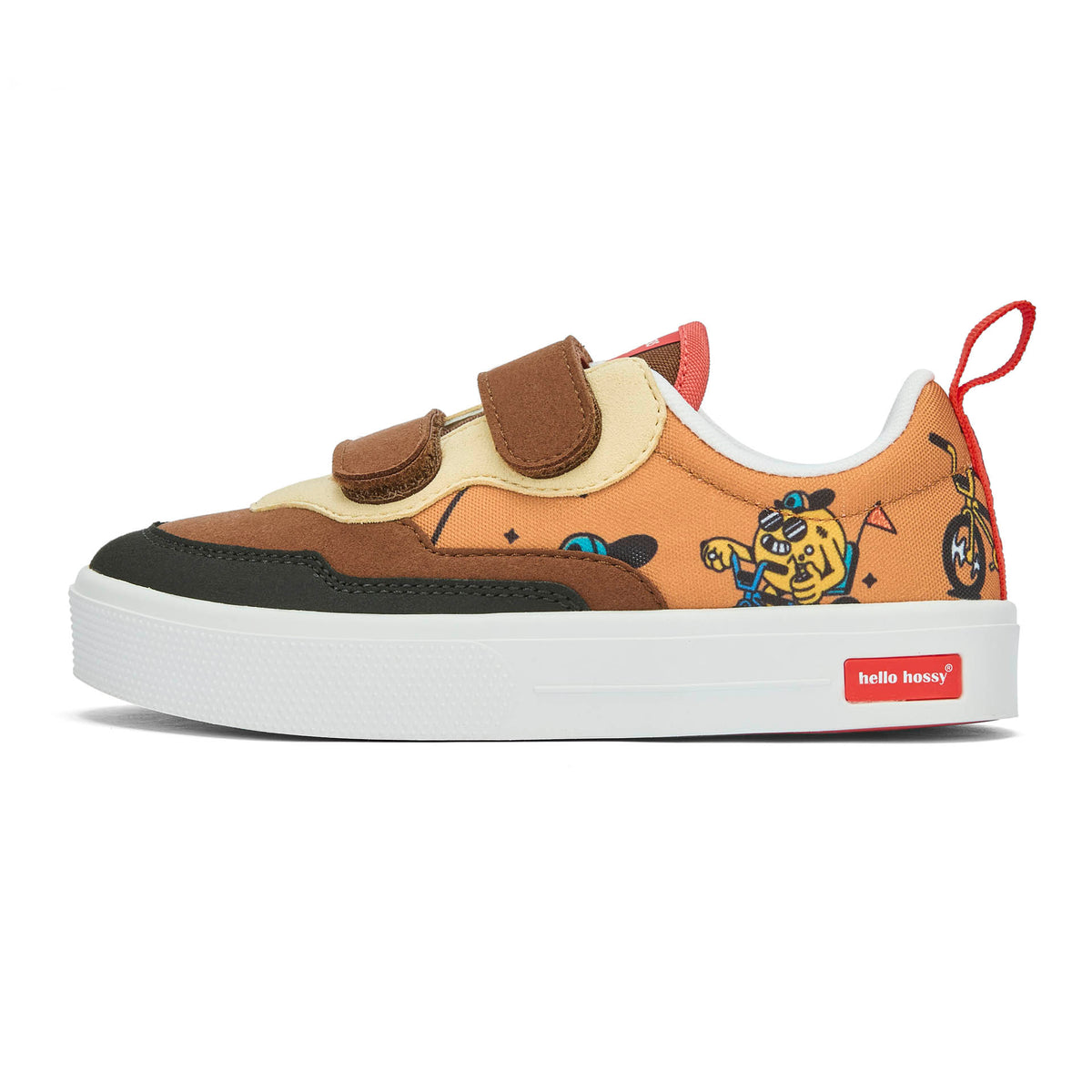 Sneakers infantis castanho e bege com motivo de mascote de bicicleta e fechos duplos de velcro Hello Hossy
