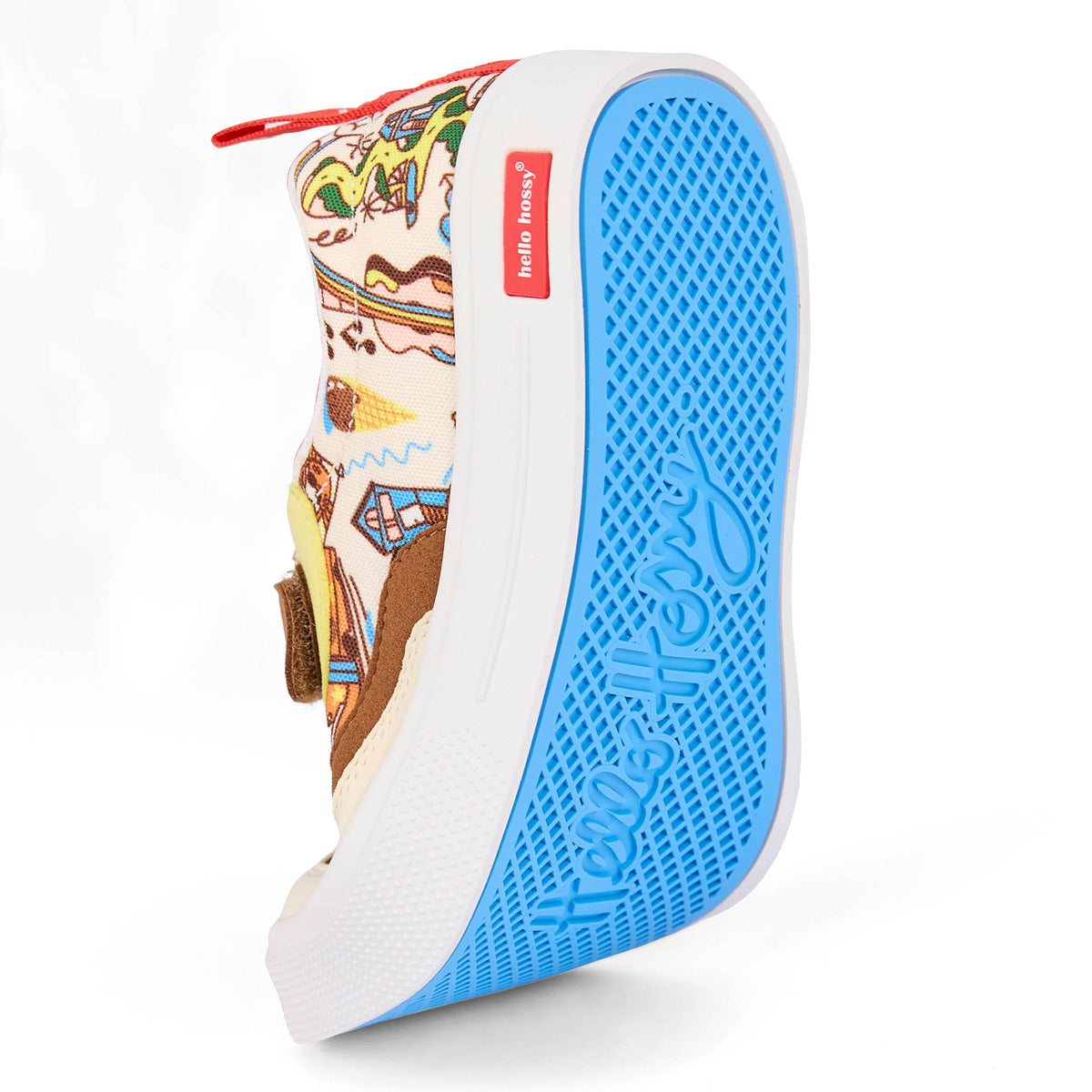 Sapatilhas infantis creme e castanhas, sola azul flexível Hello Hossy