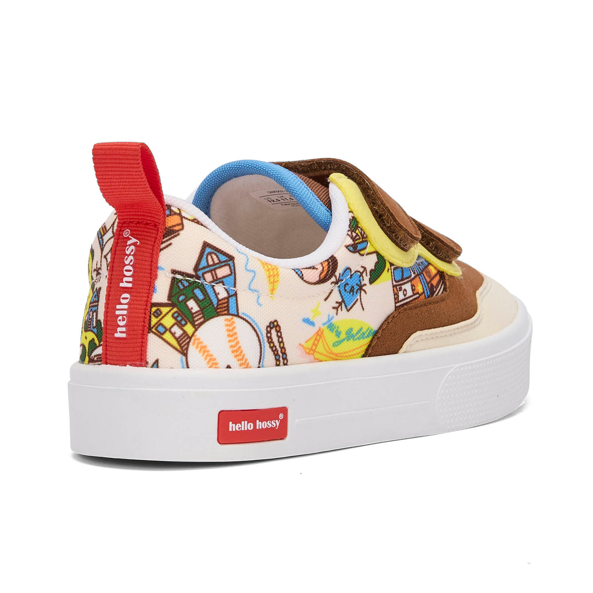 Sapatilhas infantis creme e castanhas, padrões USA e viagem, fechos de velcro e sola branca Hello Hossy