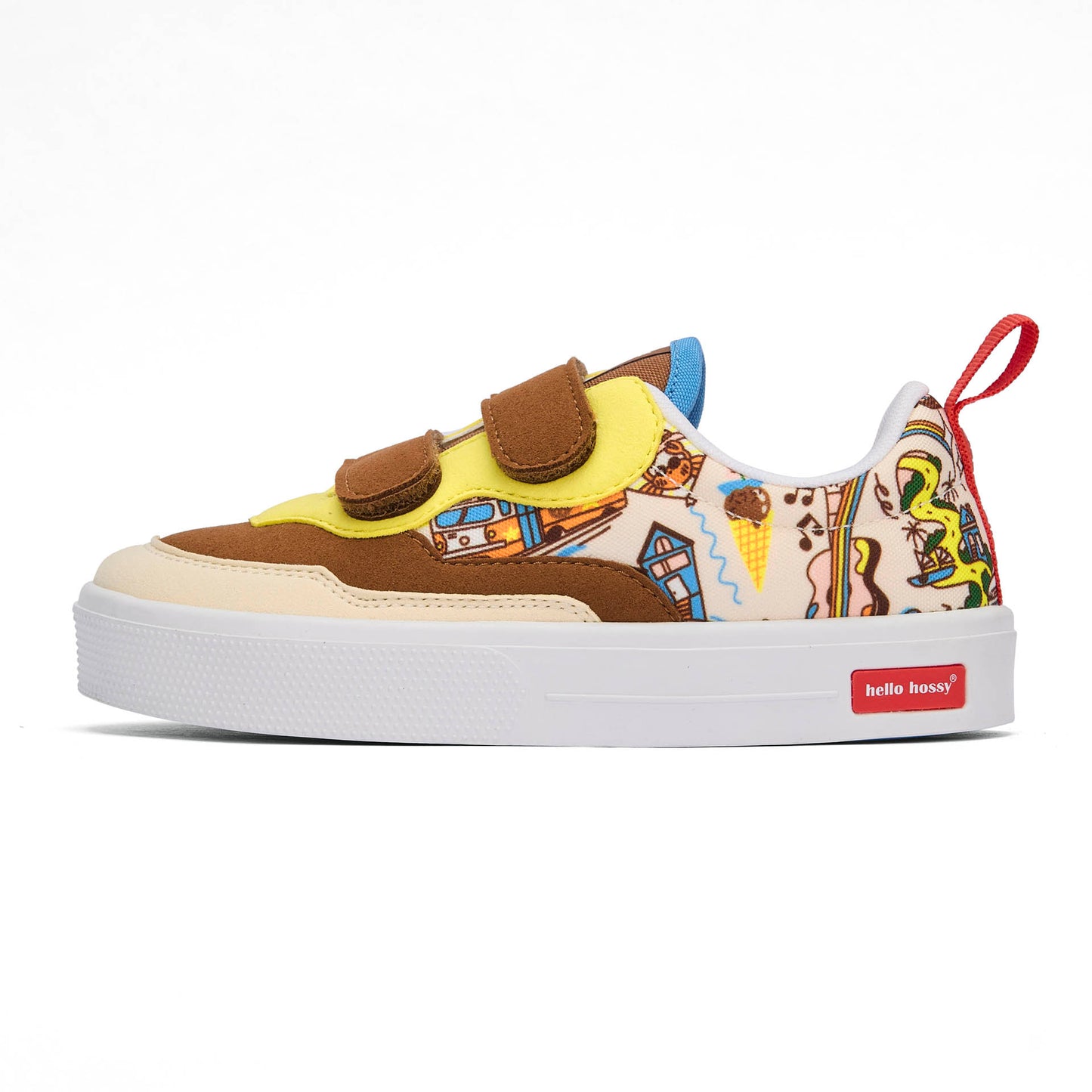 Sapatilhas infantis creme e castanhas, padrões de viagem, fechos de velcro, sola branca Hello Hossy
