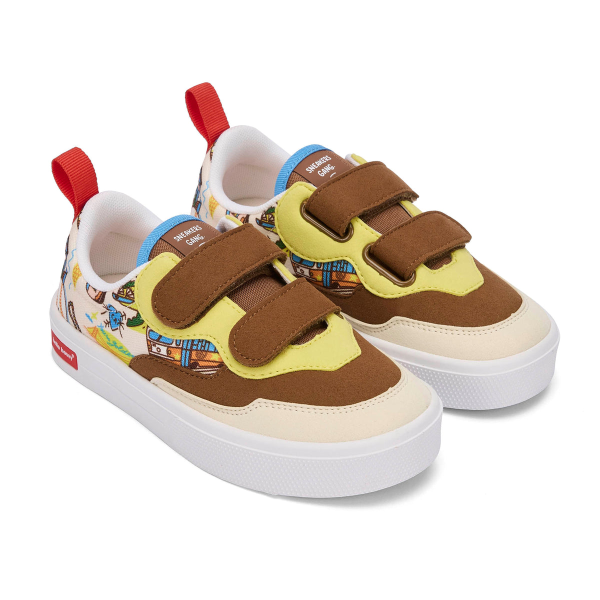 Sapatilhas infantis creme, castanhas e amarelas, padrão USA, fechos de velcro, sola branca Hello Hossy