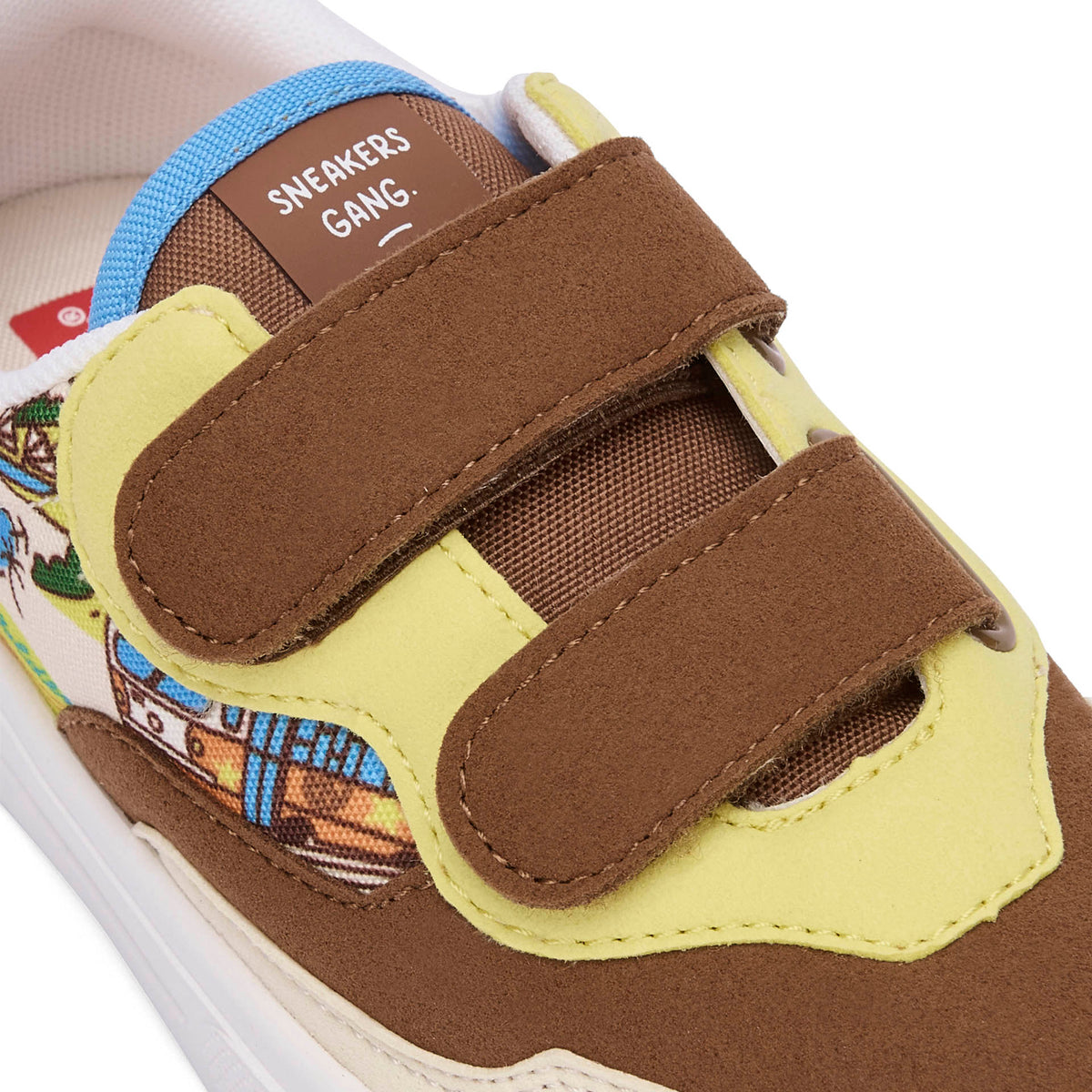 Sneakers infantis creme e castanhas com padrão de viagem, duplo velcro, Hello Hossy