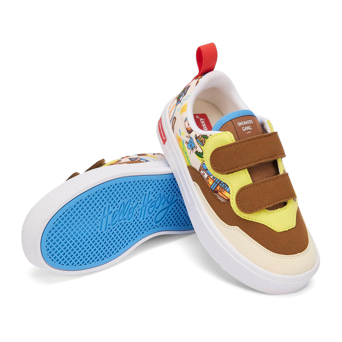 Sapatilhas para criança creme, castanhas e amarelas com motivo viagem e fechos duplos de velcro Hello Hossy