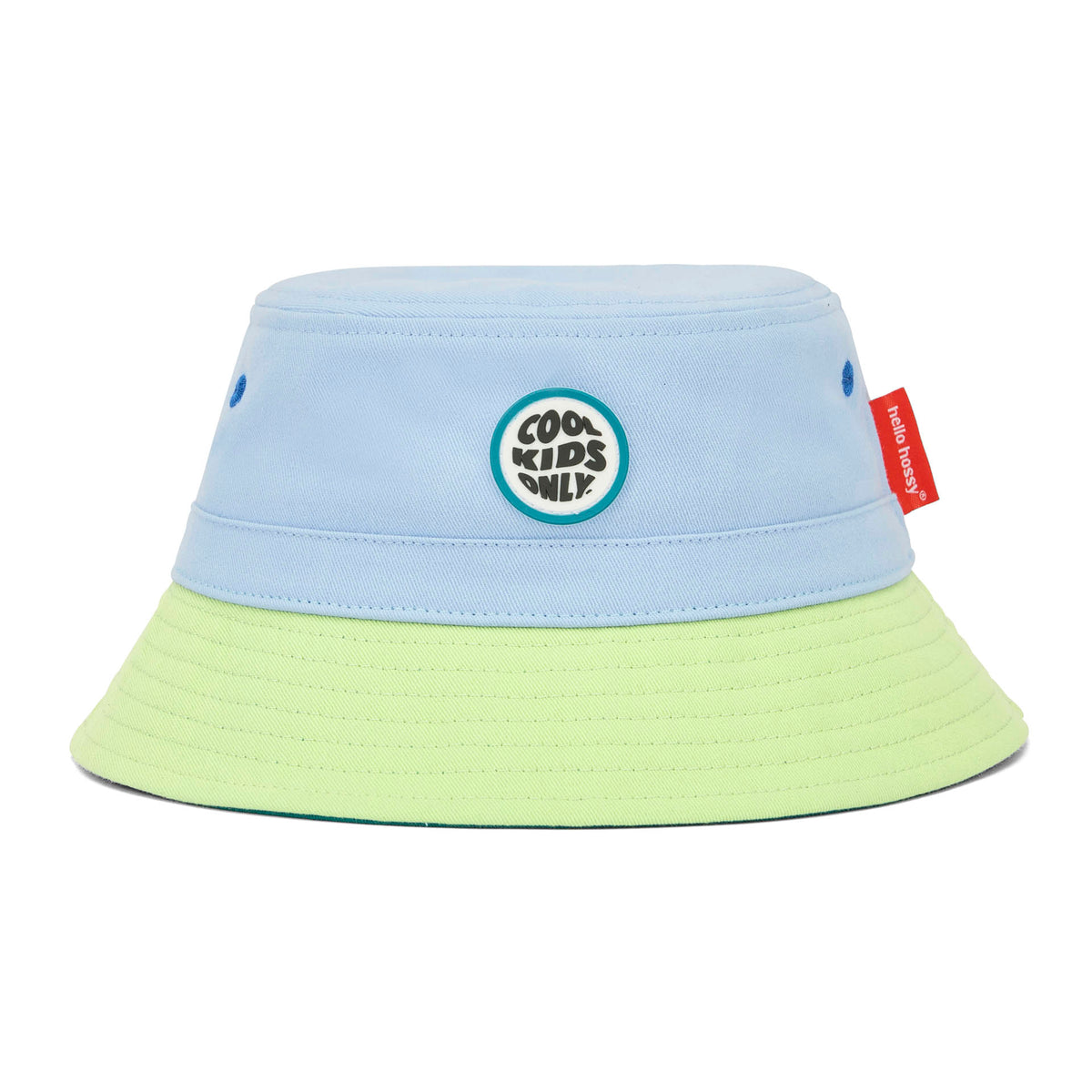 Chapéu bucket infantil bicolor azul e verde com patch redondo Cool Kids Only Hello Hossy