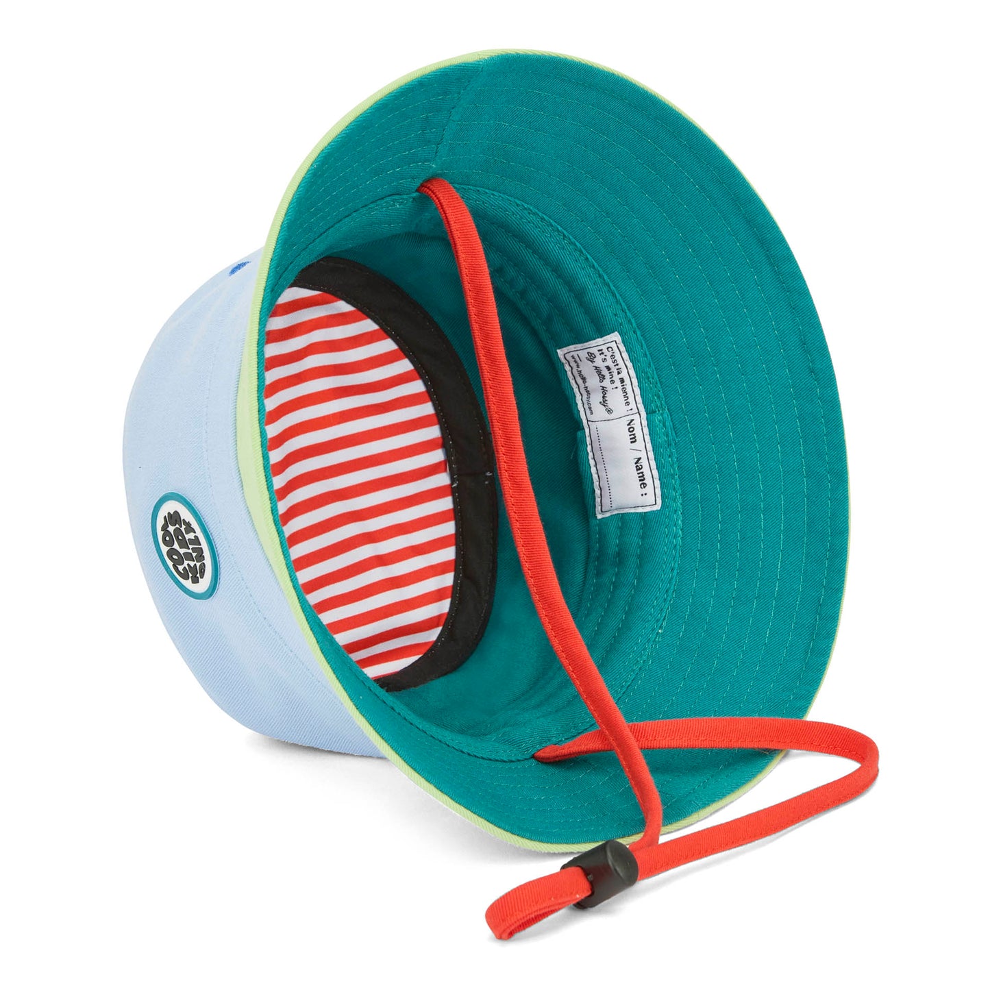 Chapéu bucket infantil bicolor azul e verde, cordão vermelho e riscas interiores Hello Hossy