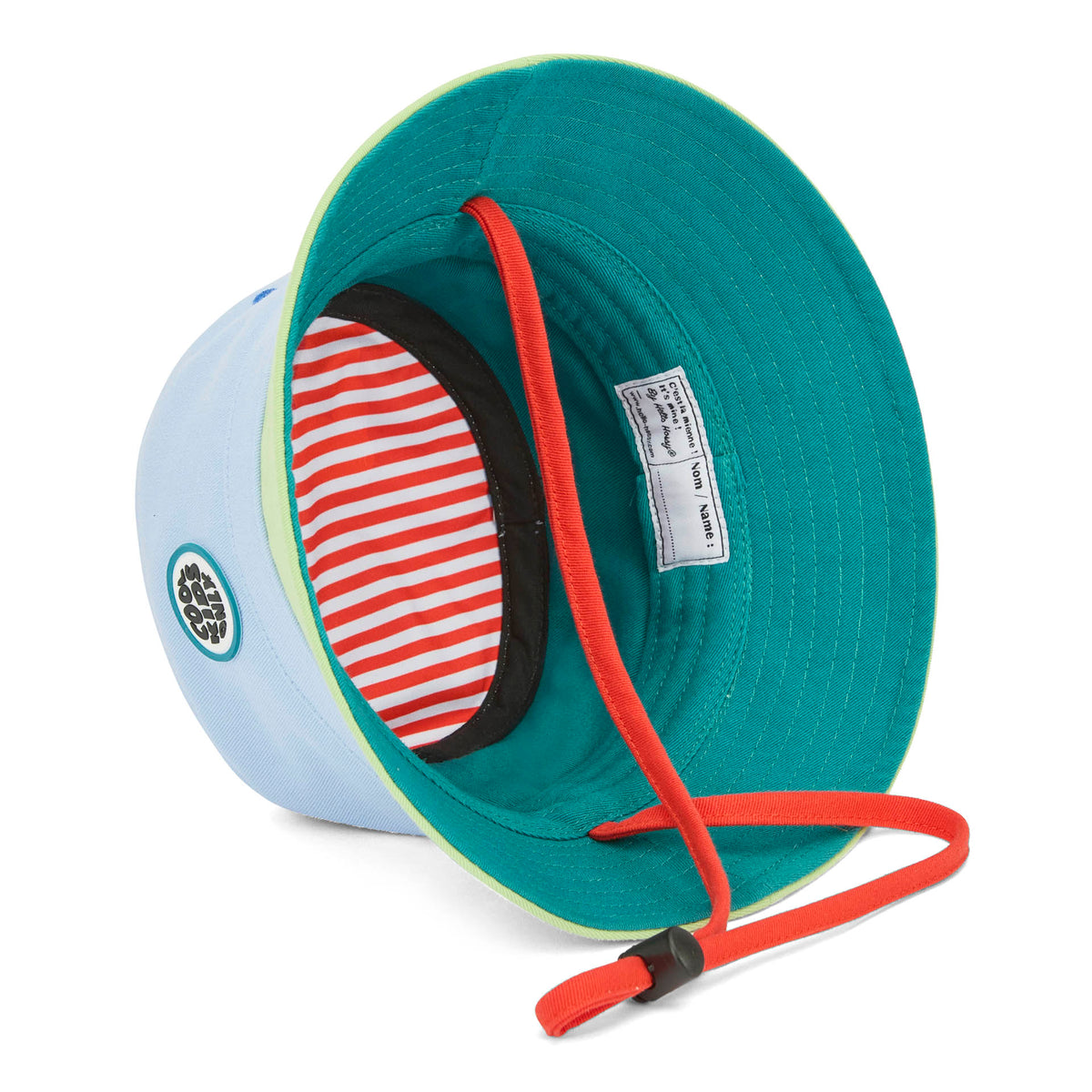 Chapéu bucket infantil bicolor azul e verde, cordão vermelho e riscas interiores Hello Hossy
