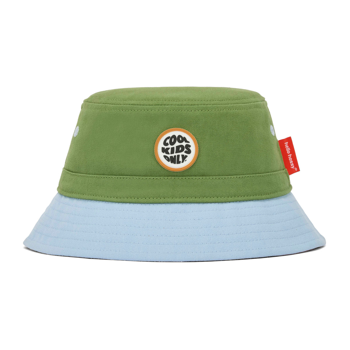 Chapéu bucket infantil bicolor verde e azul, patch redondo Cool Kids Only Hello Hossy