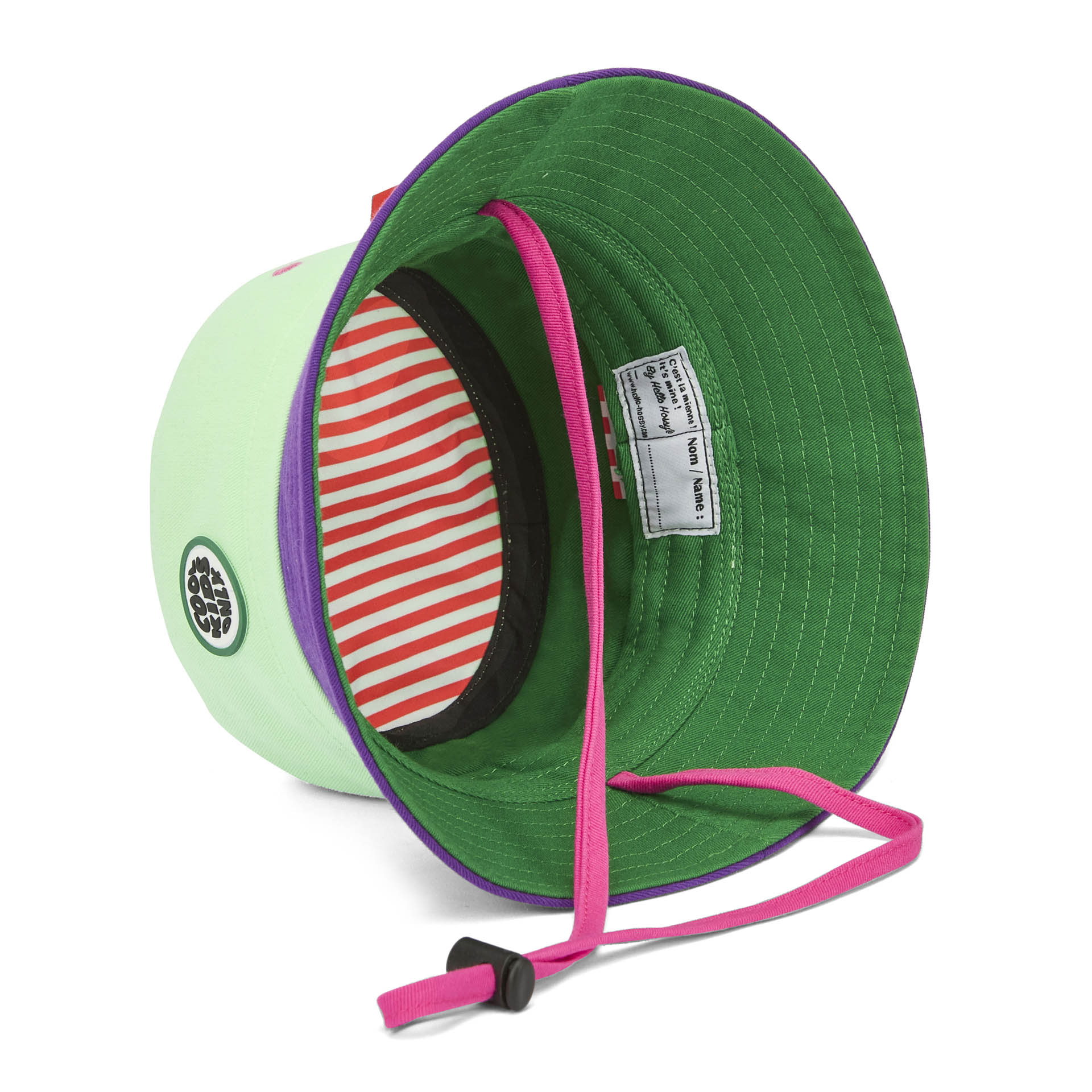 Chapéu bucket infantil verde violeta com cordão rosa Hello Hossy