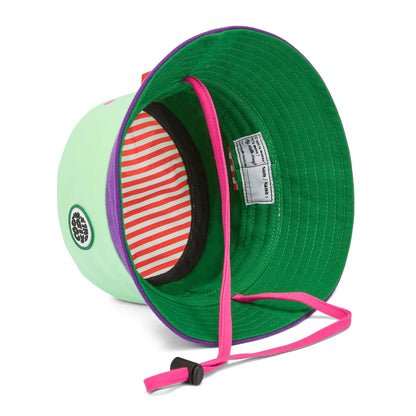 Chapéu bucket infantil verde violeta com cordão rosa Hello Hossy