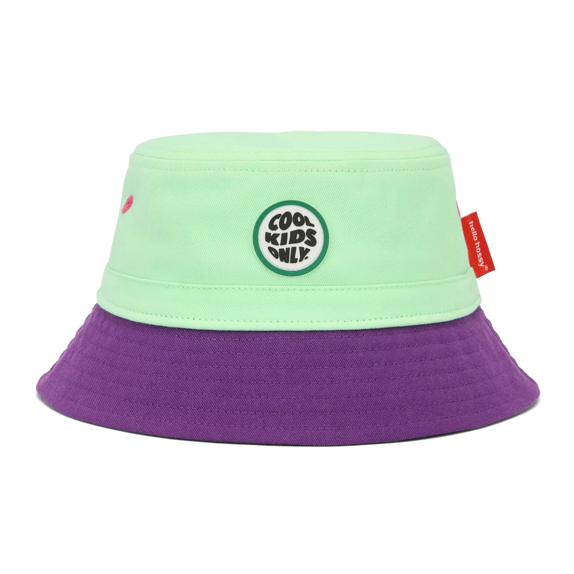Chapéu bucket infantil bicolor verde e violeta, patch Cool Kids Only Hello Hossy