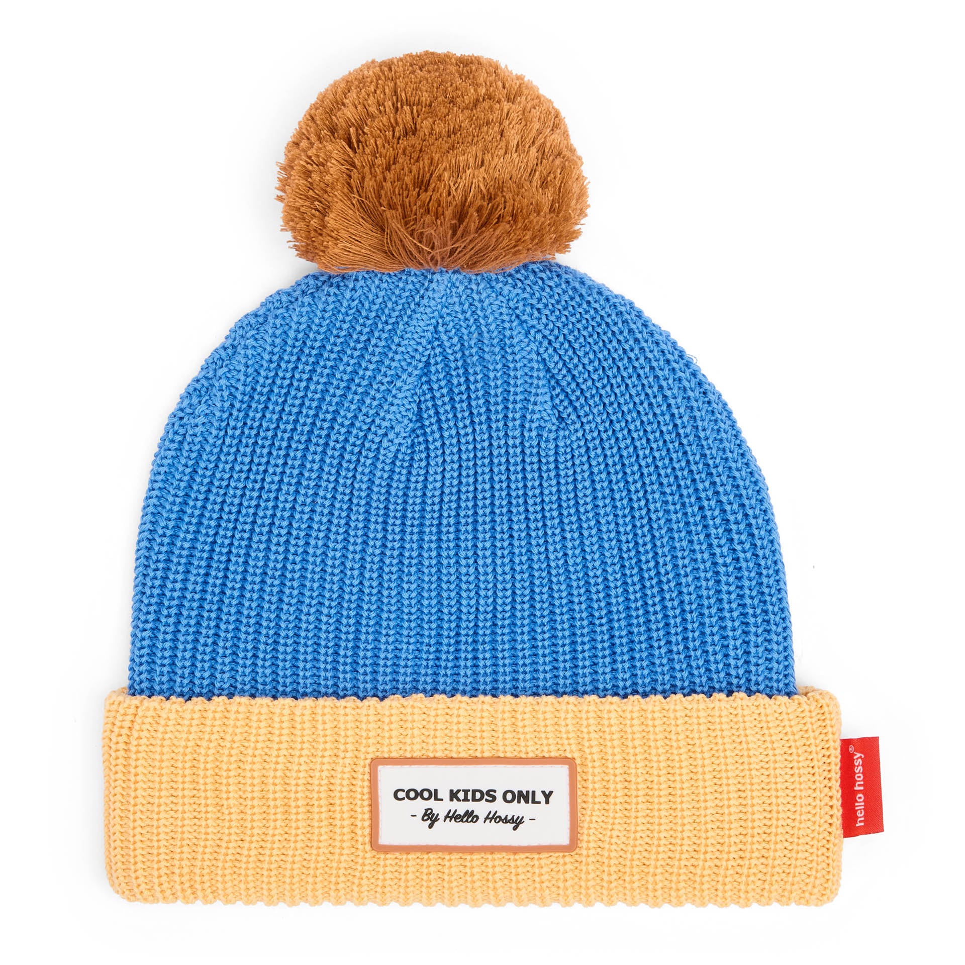 Gorro infantil azul bege com pompom e etiqueta bordada Hello Hossy