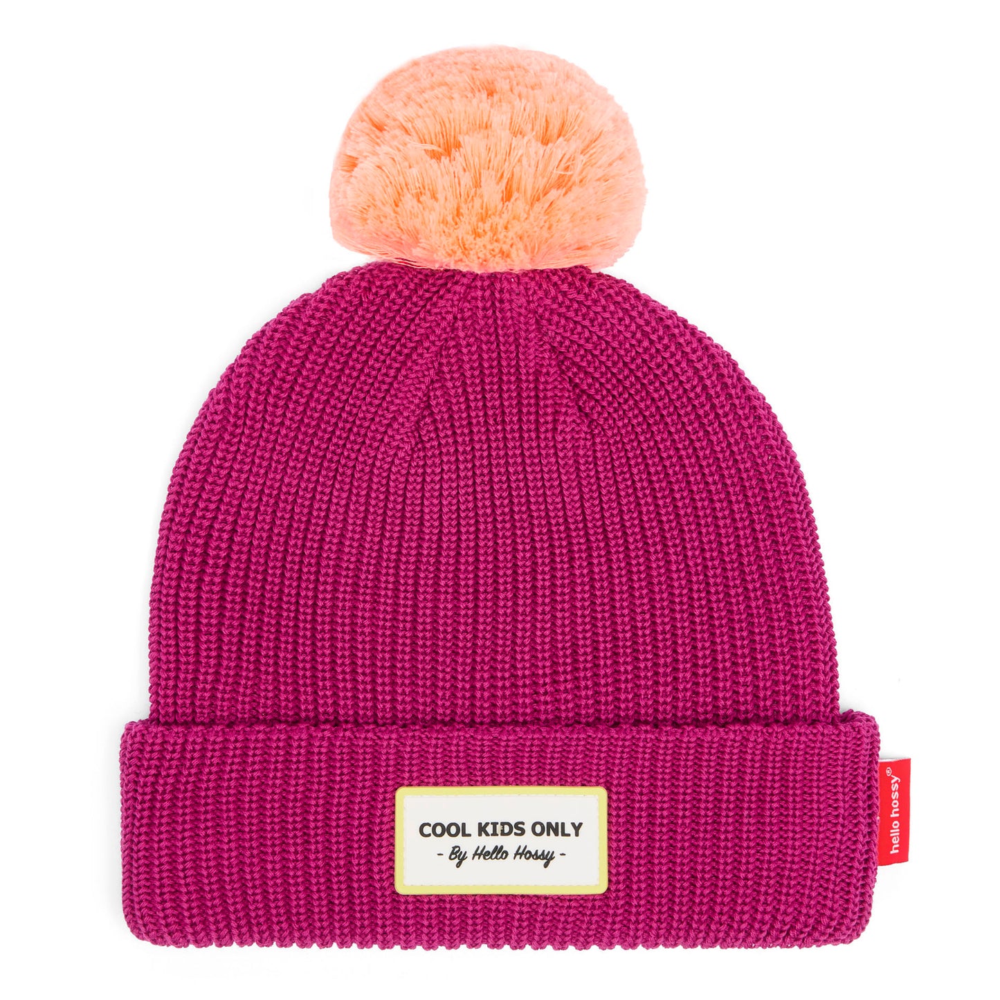 Gorro infantil violeta com pompom pêssego e etiqueta bordada Hello Hossy
