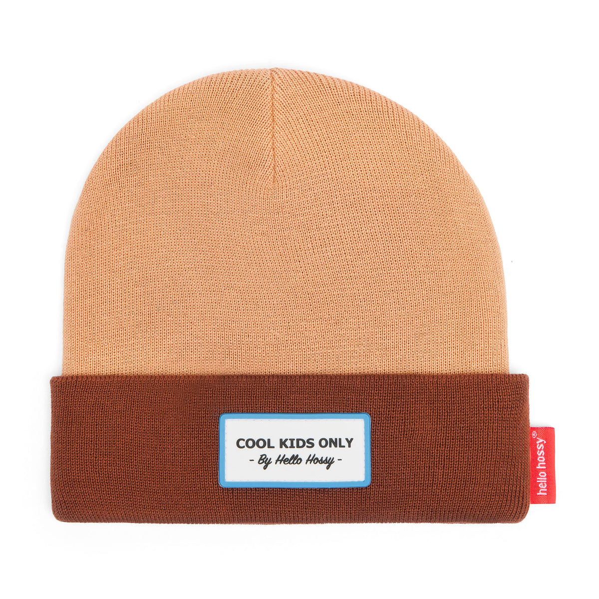 Gorro infantil bicolor castanho e bege com bordado de texto Hello Hossy
