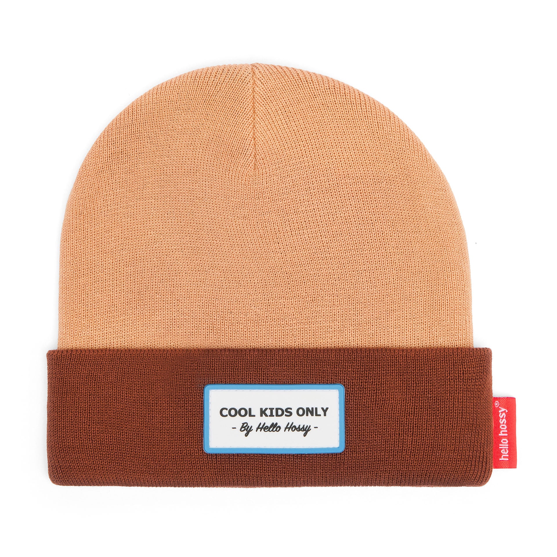 Gorro infantil bicolor castanho e bege com bordado de texto Hello Hossy