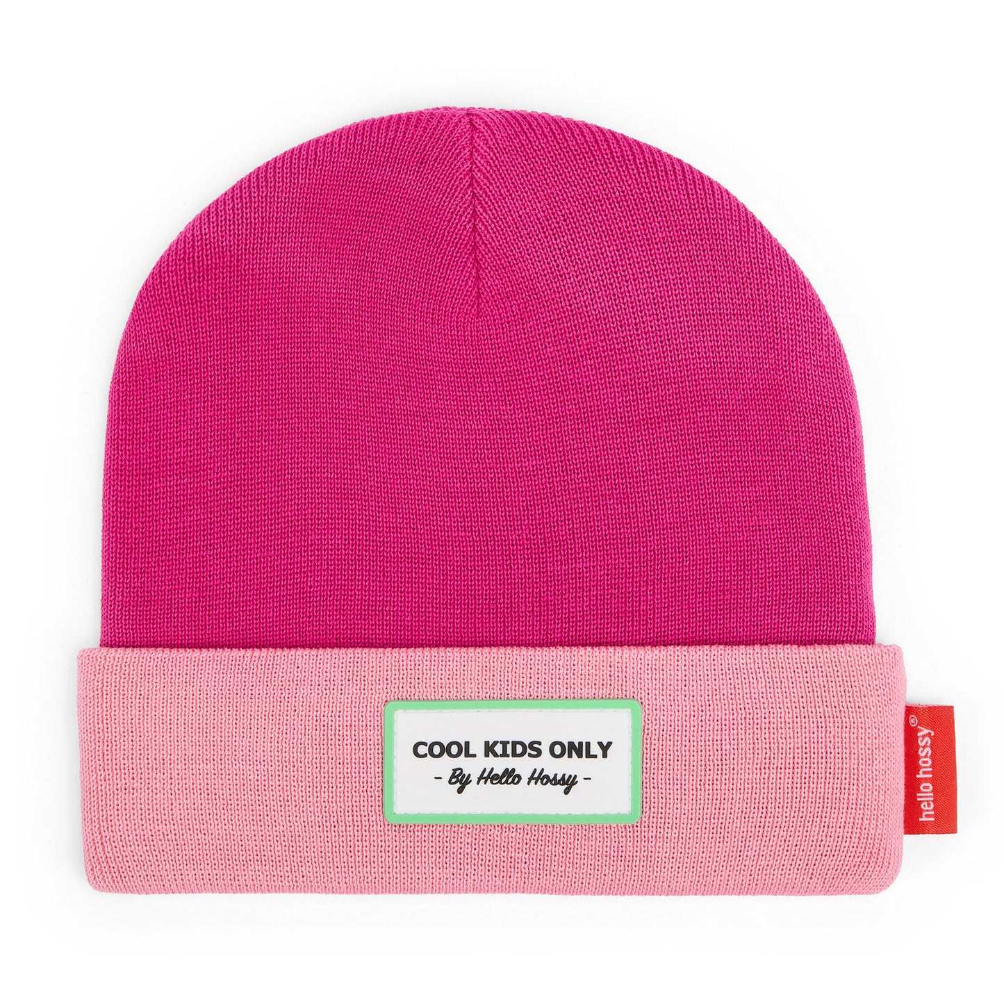 Gorro para criança fuchsia rosa com rebordo dobrado e etiqueta bordada Hello Hossy