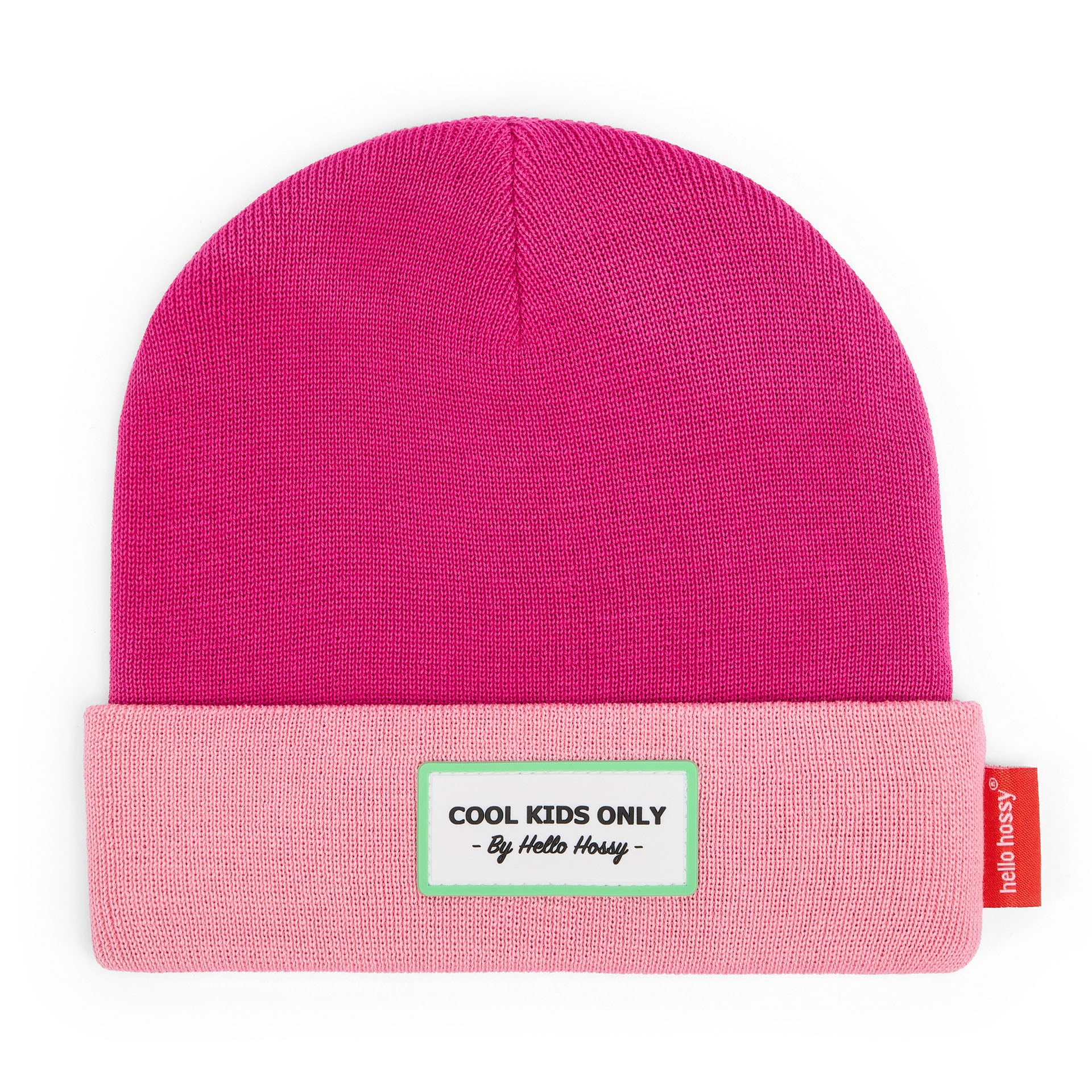 Gorro para criança fuchsia rosa com rebordo dobrado e etiqueta bordada Hello Hossy
